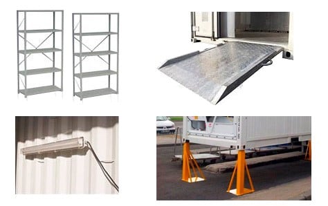CONTAINER ACCESSORIES ramps internal light kits shelving and support legs