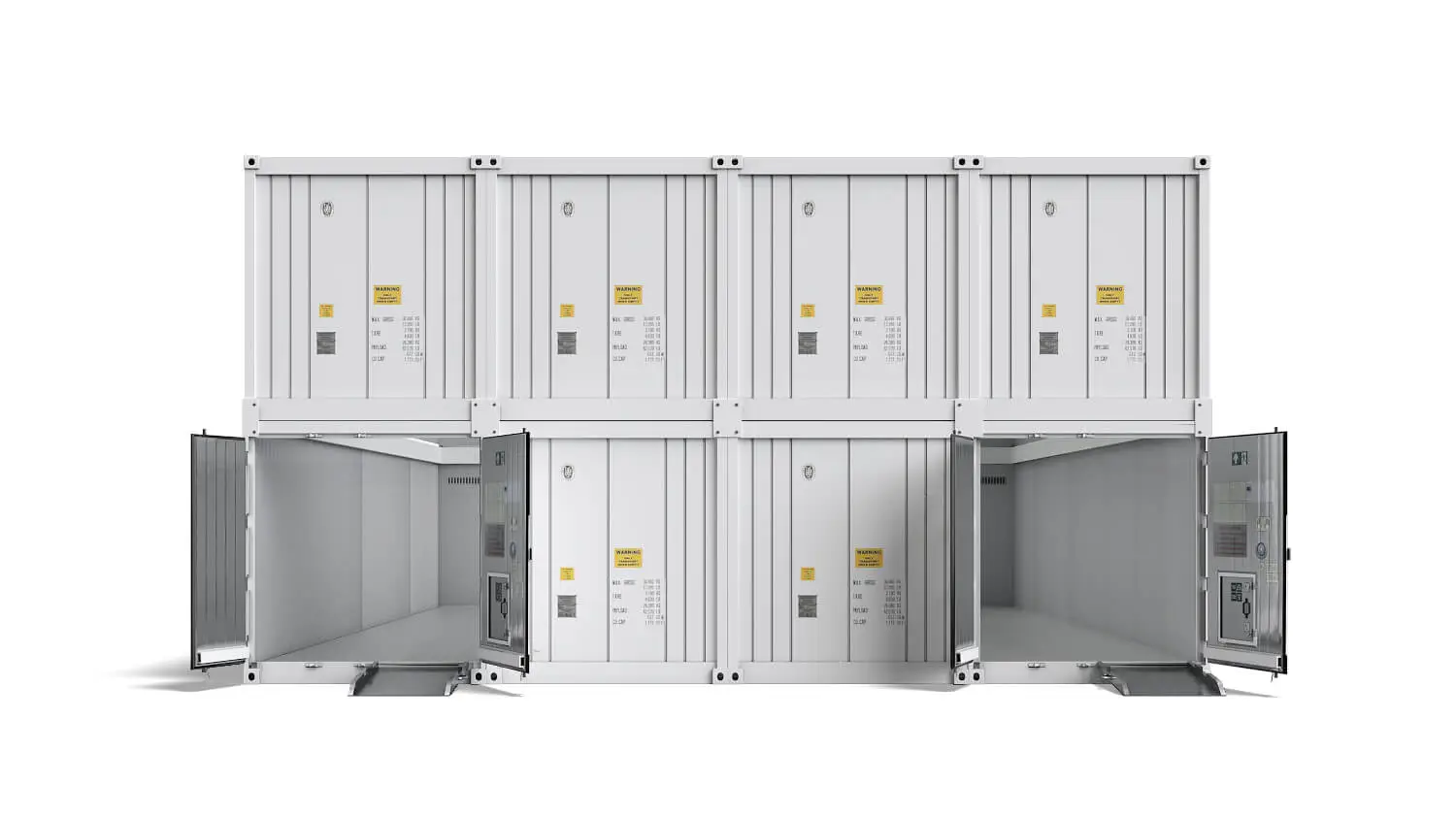 Arctic MegaStore modular cold storage containers shown in stacked configuration with ramp access