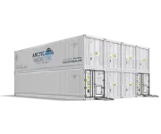 Arctic MegaStore modular cold storage containers shown in stacked configuration with ramp access