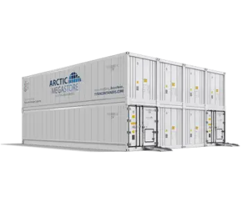 Arctic MegaStore modular cold storage containers shown in stacked configuration with ramp access