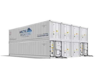 Arctic MegaStore modular cold storage containers shown in stacked configuration with ramp access