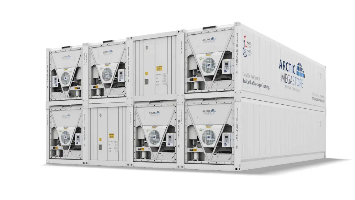 Arctic MegaStore modular cold storage containers shown in stacked configuration with ramp access